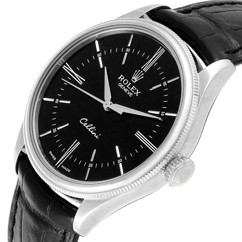 The Rolex Cellini 50509 Men's White Gold Black Dial 50509 Men's White Gold Black Dial watch is shown at a slightly angled side view, displaying the face, bezel, crown, and part of the strap.