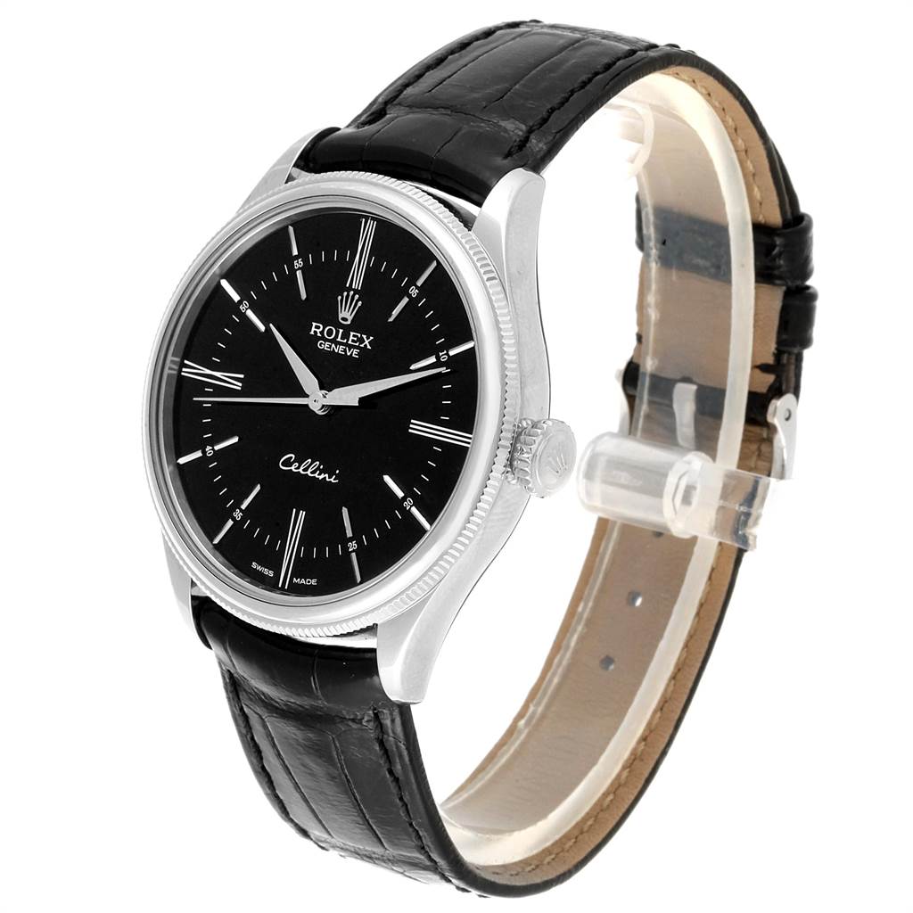A Rolex Cellini 50509 Men's White Gold Black Dial 50509 Men's White Gold Black Dial watch is shown at a three-quarter angle, displaying its black dial, silver case, and black leather strap.