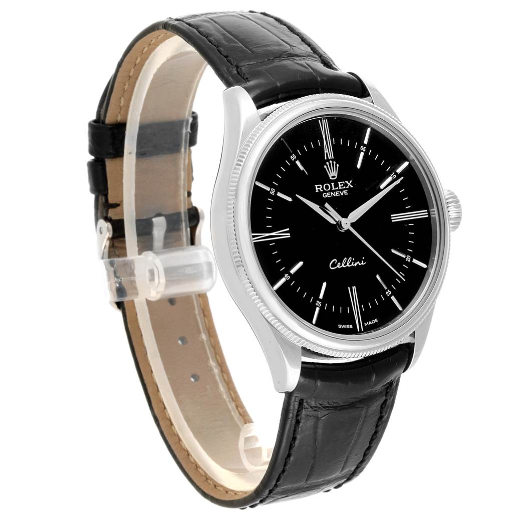 The image shows a side angle view of the Rolex Cellini 50509 Men's White Gold Black Dial 50509 Men's White Gold Black Dial watch, displaying its black dial, silver case, and black leather strap.