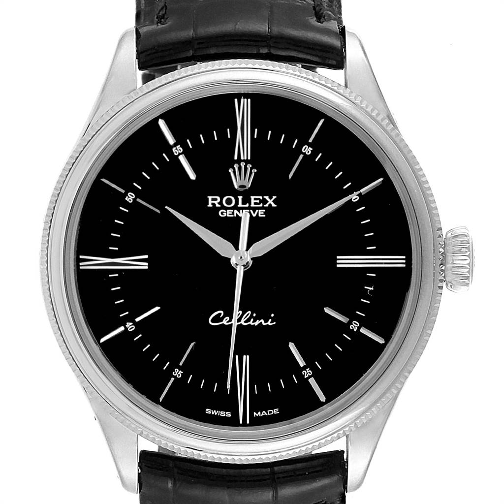 This image shows a front view of a Rolex Cellini 50509 Men's White Gold Black Dial 50509 Men's White Gold Black Dial watch, highlighting its black dial, hour markers, and leather strap.