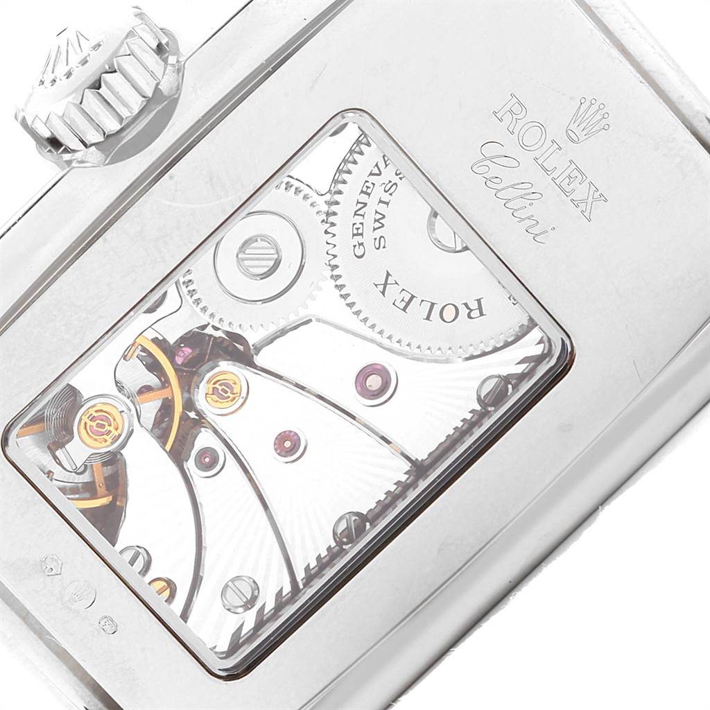 This image shows the internal mechanical movement of a Rolex Cellini 5443 Men's White Gold Black Dial 5443 Men's White Gold Black Dial watch from the back angle.