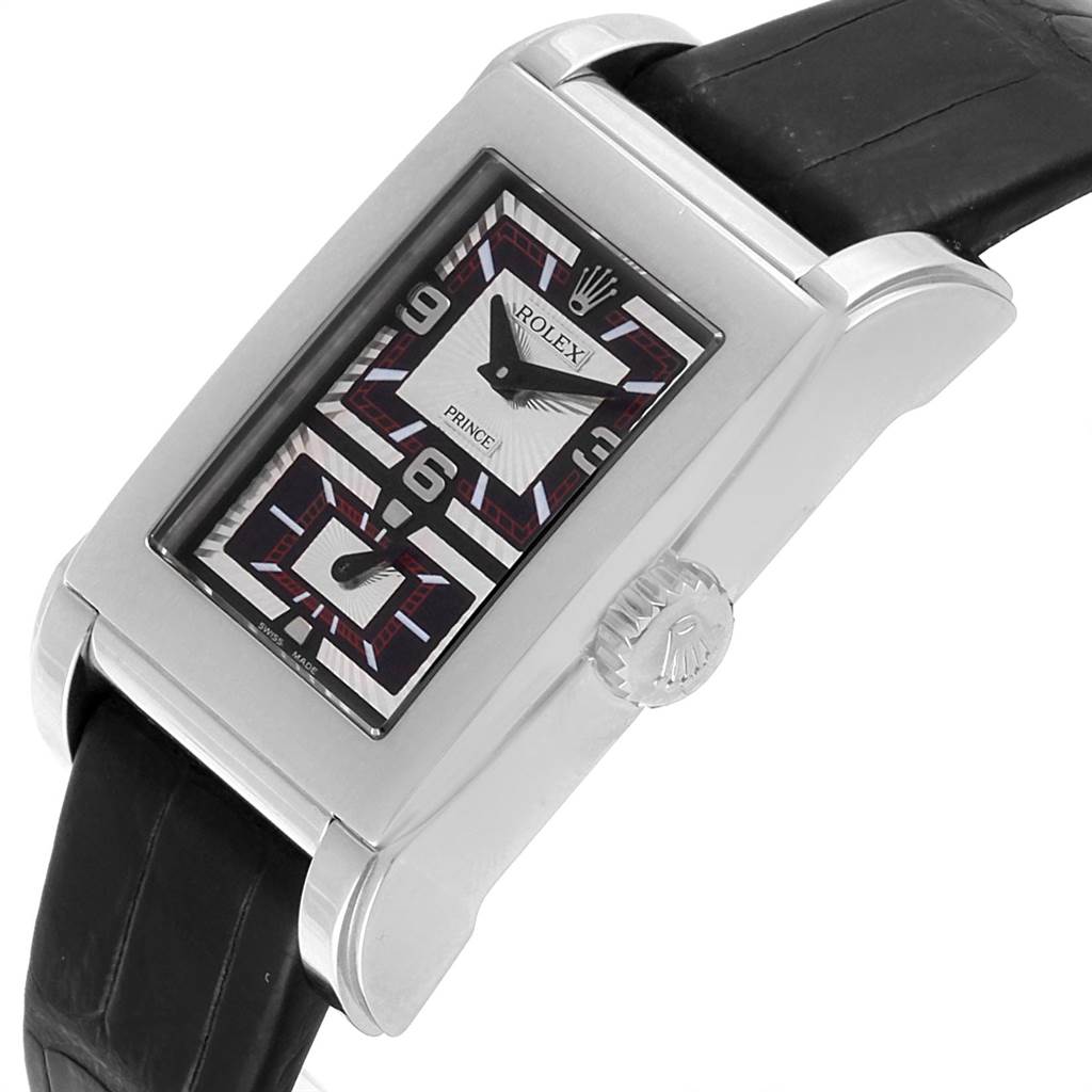 The image shows a close-up of a Rolex Cellini 5443 Men's White Gold Black Dial 5443 Men's White Gold Black Dial Prince watch displaying the rectangular dial, crown, and part of the leather strap.