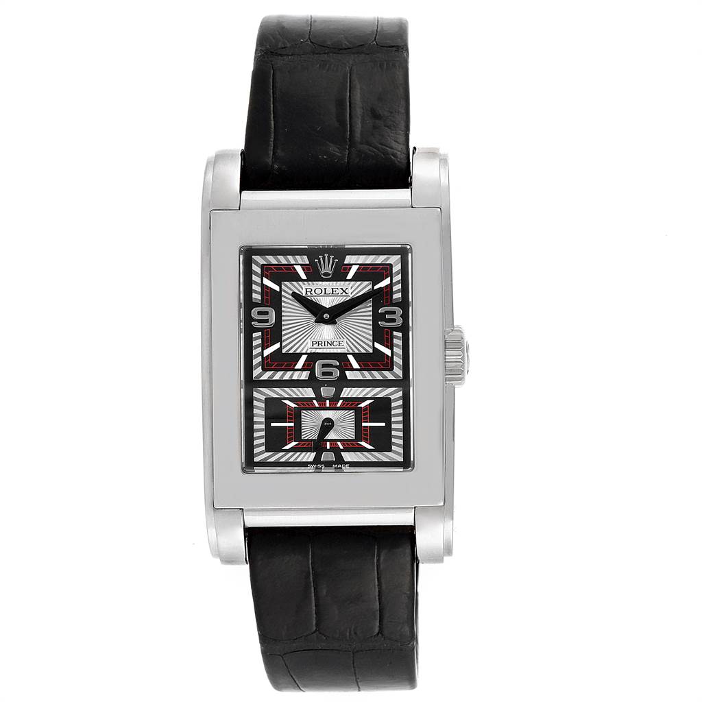 The image shows a frontal view of the Rolex Cellini 5443 Men's White Gold Black Dial 5443 Men's White Gold Black Dial Prince watch, displaying its rectangular dial and black leather strap.