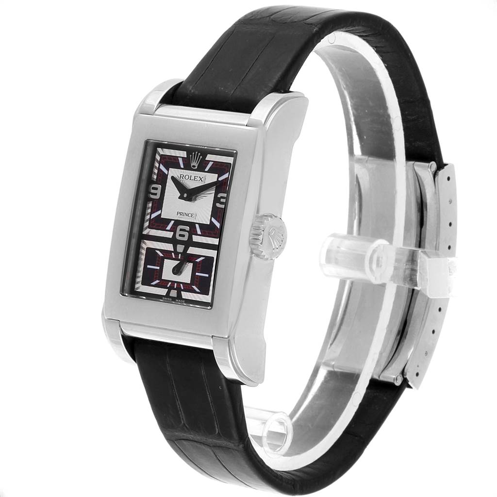 The Rolex Cellini 5443 Men's White Gold Black Dial 5443 Men's White Gold Black Dial watch is shown from an angled side view featuring its rectangular case, black leather strap, and dial.