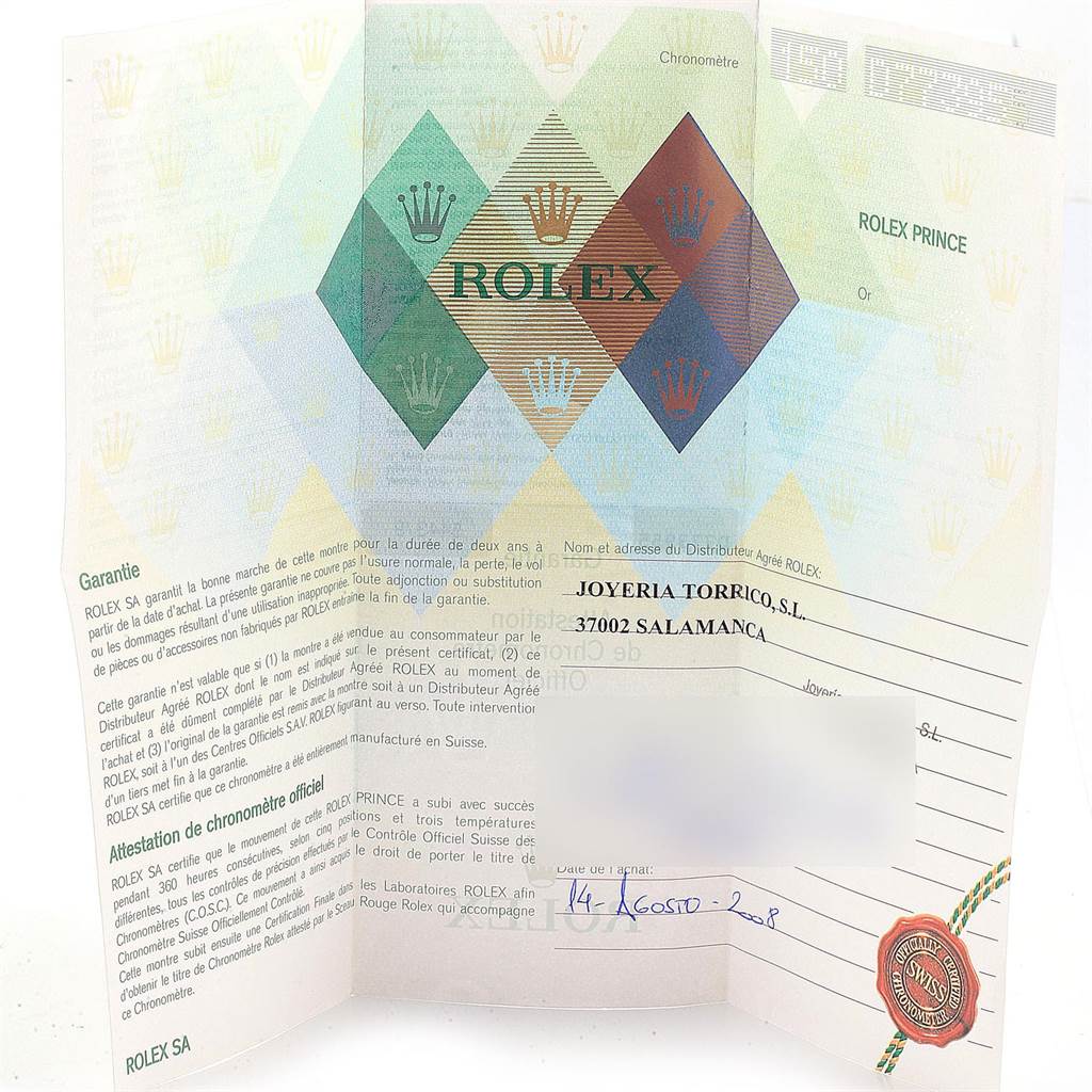 This is a warranty booklet for the Rolex Cellini 5443 Men's White Gold Black Dial 5443 Men's White Gold Black Dial model, shown open and displaying text with the brand's logo.