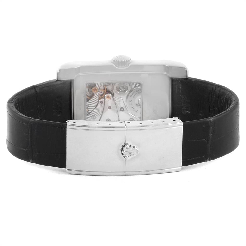 The image shows the back view of a Rolex Cellini 5443 Men's White Gold Black Dial 5443 Men's White Gold Black Dial watch, highlighting the leather strap and clasp.