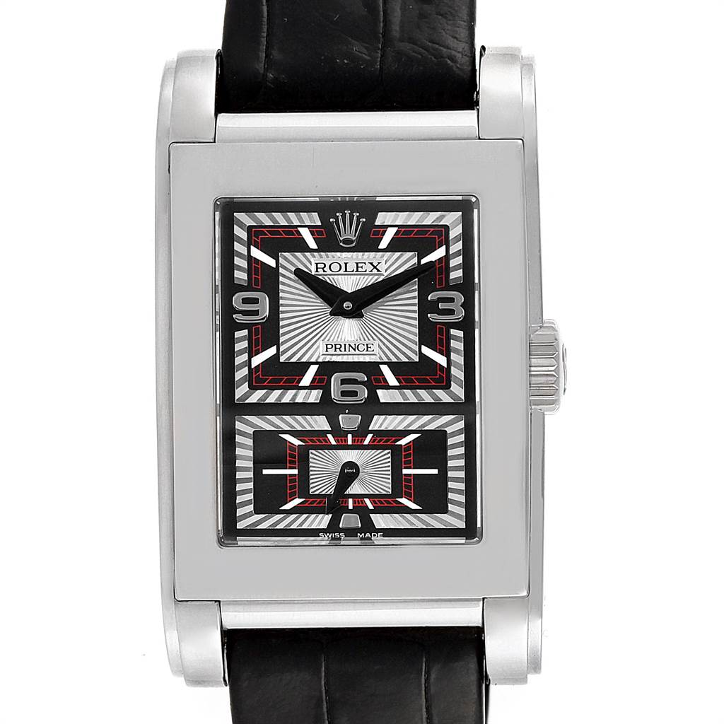 The image shows a front view of a Rolex Cellini 5443 Men's White Gold Black Dial 5443 Men's White Gold Black Dial Prince watch, featuring its rectangular dial and black leather strap.
