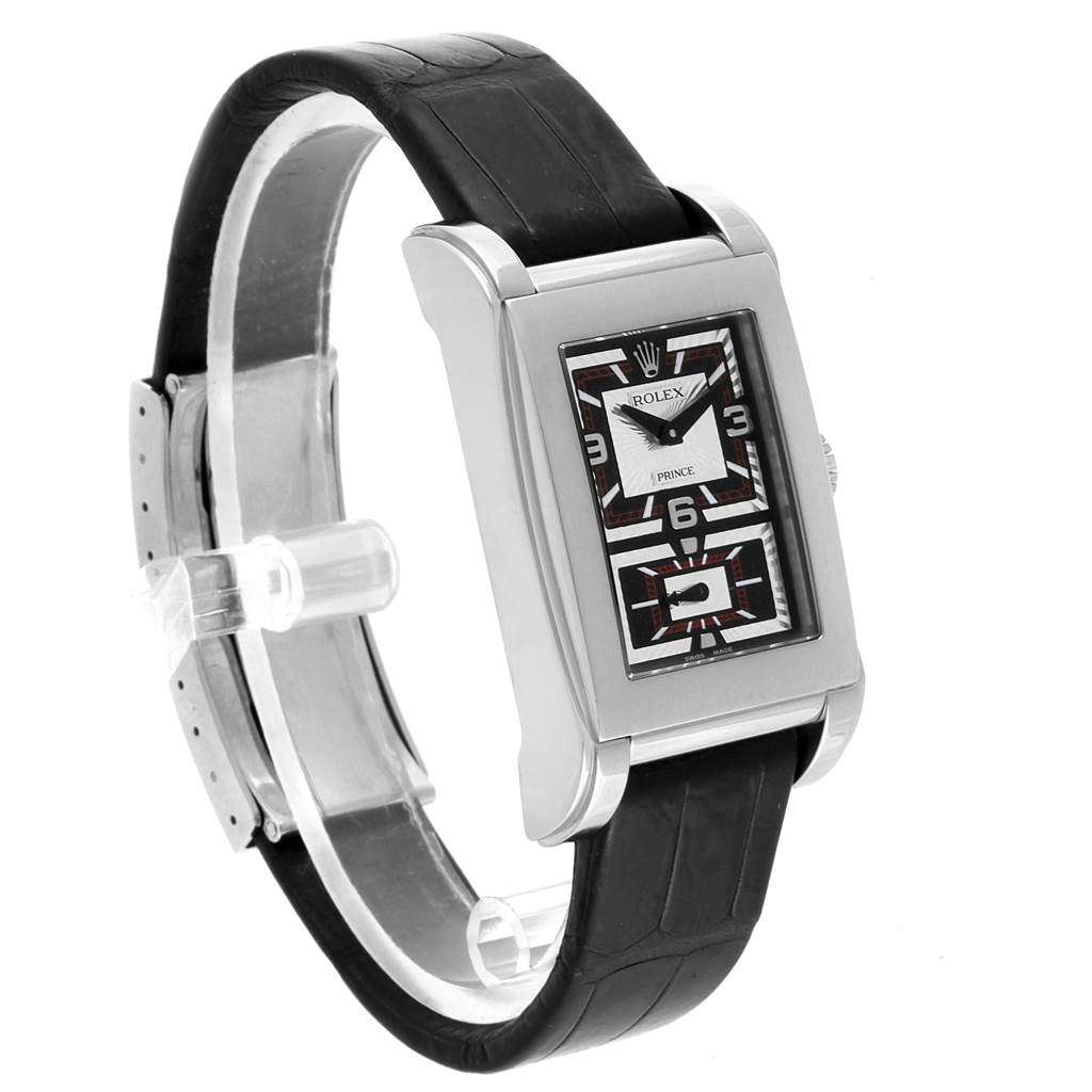 The Rolex Cellini 5443 Men's White Gold Black Dial 5443 Men's White Gold Black Dial watch is shown at a slight angle, highlighting its face, bezel, and leather strap.