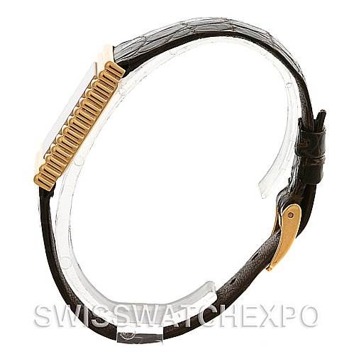 The image shows a side profile of a Rolex Cellini 4015 Yellow Gold Brown Dial 4015 Yellow Gold Brown Dial watch, highlighting the leather strap and the watch case.