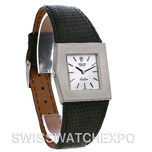 The image shows a side-front angle of the Rolex Cellini 4017 White Gold Silver Dial 4017 White Gold Silver Dial watch, featuring its face, bezel, and black leather strap.