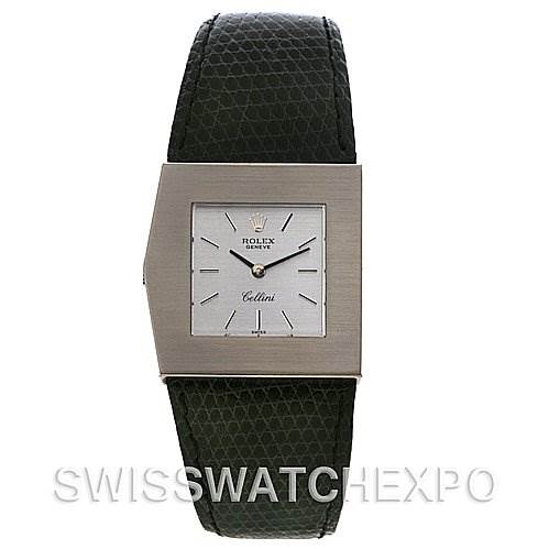 The Rolex Cellini 4017 White Gold Silver Dial 4017 White Gold Silver Dial watch is shown from a front angle, displaying the dial, case, and the full leather strap.