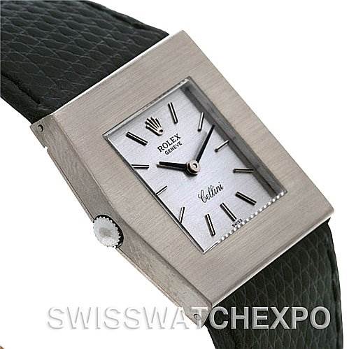The watch is a Rolex Cellini 4017 White Gold Silver Dial 4017 White Gold Silver Dial model shown from a slightly angled side view, displaying the dial, case, and part of the strap.