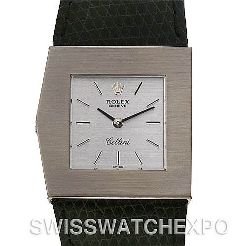 The image shows a front view of a Rolex Cellini 4017 White Gold Silver Dial 4017 White Gold Silver Dial watch showcasing its square face with minimalist markers and a black strap.