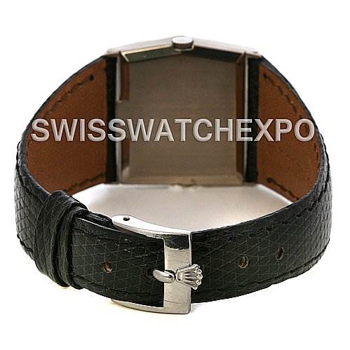 The image shows the back view of a Rolex Cellini 4017 White Gold Silver Dial 4017 White Gold Silver Dial watch focusing on the black leather strap and stainless steel clasp.