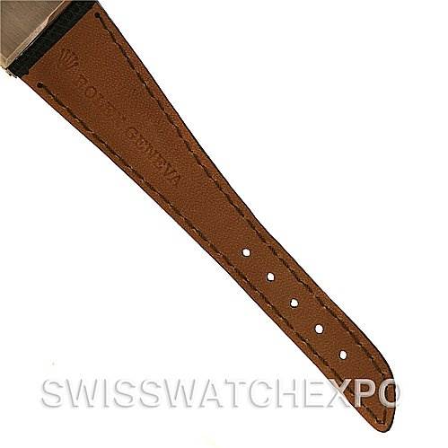 The image shows the leather strap of a Rolex Cellini 4017 White Gold Silver Dial 4017 White Gold Silver Dial watch, focusing on the lower part with adjustment holes.
