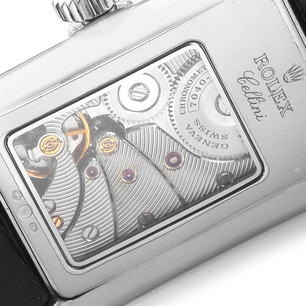 This image shows the back view of a Rolex Cellini 5441 Men's White Gold Silver Dial 5441 Men's White Gold Silver Dial watch, highlighting its intricate mechanical movement.