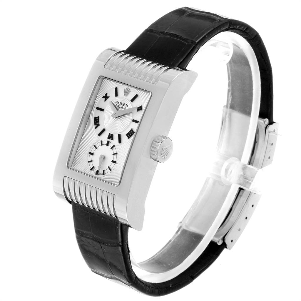 The image shows a side view of the Rolex Cellini 5441 Men's White Gold Silver Dial 5441 Men's White Gold Silver Dial watch displaying the face, crown, and black leather strap.