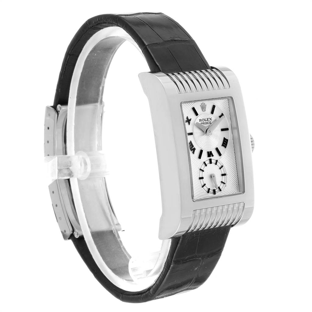 The Rolex Cellini 5441 Men's White Gold Silver Dial 5441 Men's White Gold Silver Dial model watch is shown at a slight side angle, displaying its rectangular face and black leather strap.