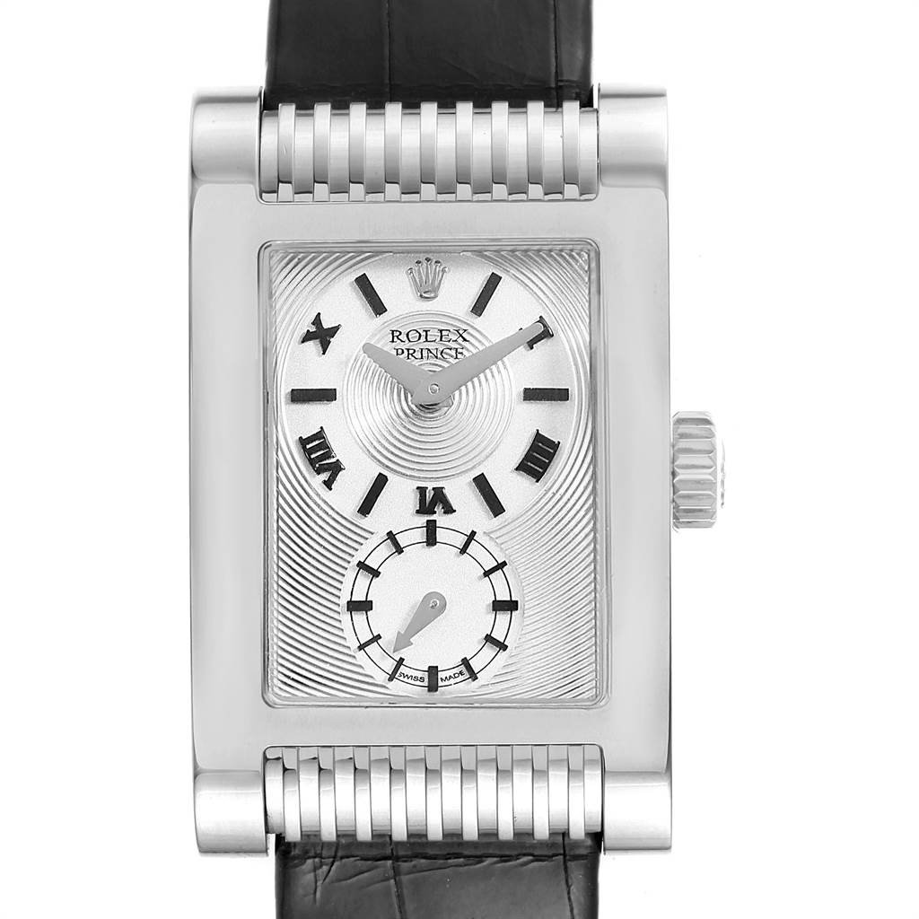 The image shows the Rolex Cellini 5441 Men's White Gold Silver Dial 5441 Men's White Gold Silver Dial Prince watch from a front angle with a clear view of its dial and black leather strap.