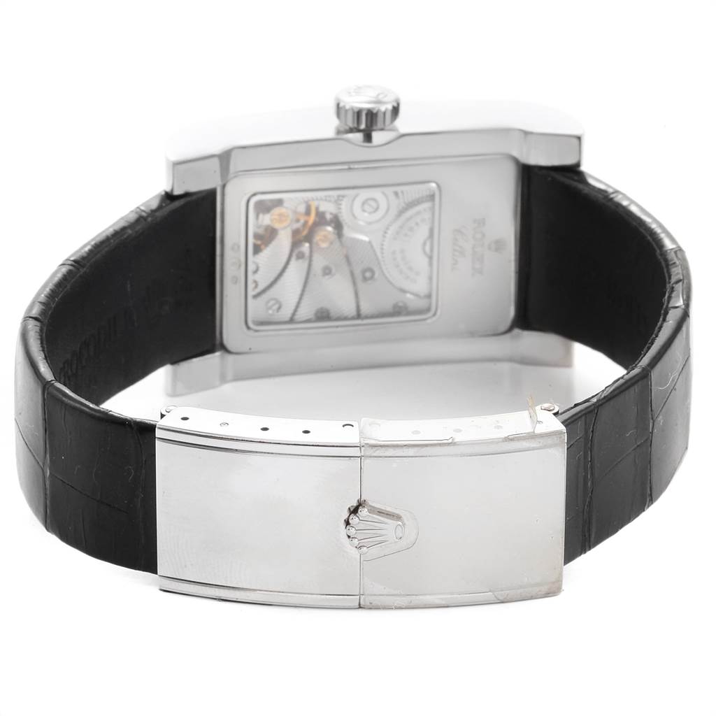 The image shows the back view of a Rolex Cellini 5441 Men's White Gold Silver Dial 5441 Men's White Gold Silver Dial watch, highlighting its clasp, leather strap, and transparent case back.