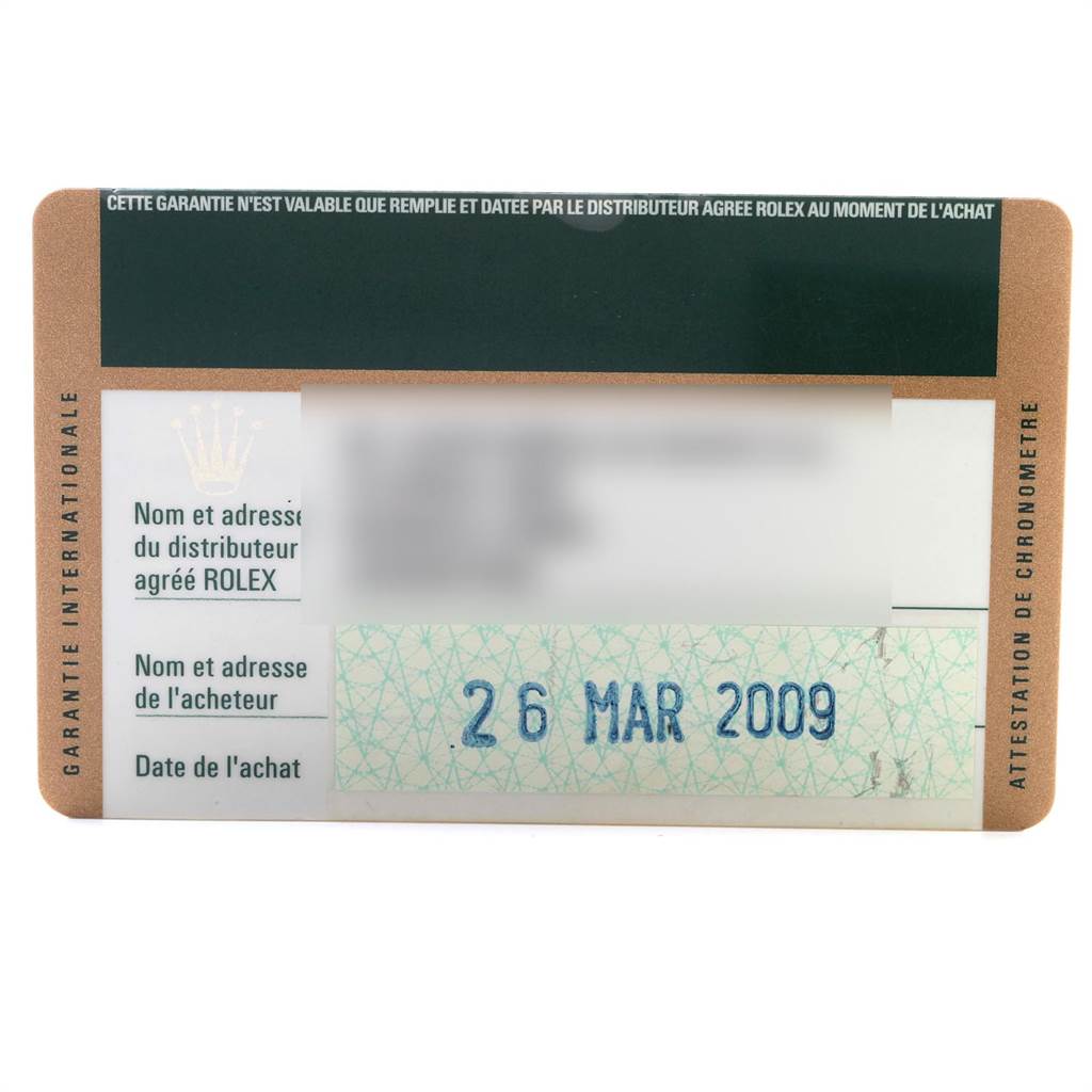 The image shows a warranty card for a Rolex Cellini 5441 Men's White Gold Silver Dial 5441 Men's White Gold Silver Dial watch, dated March 26, 2009.