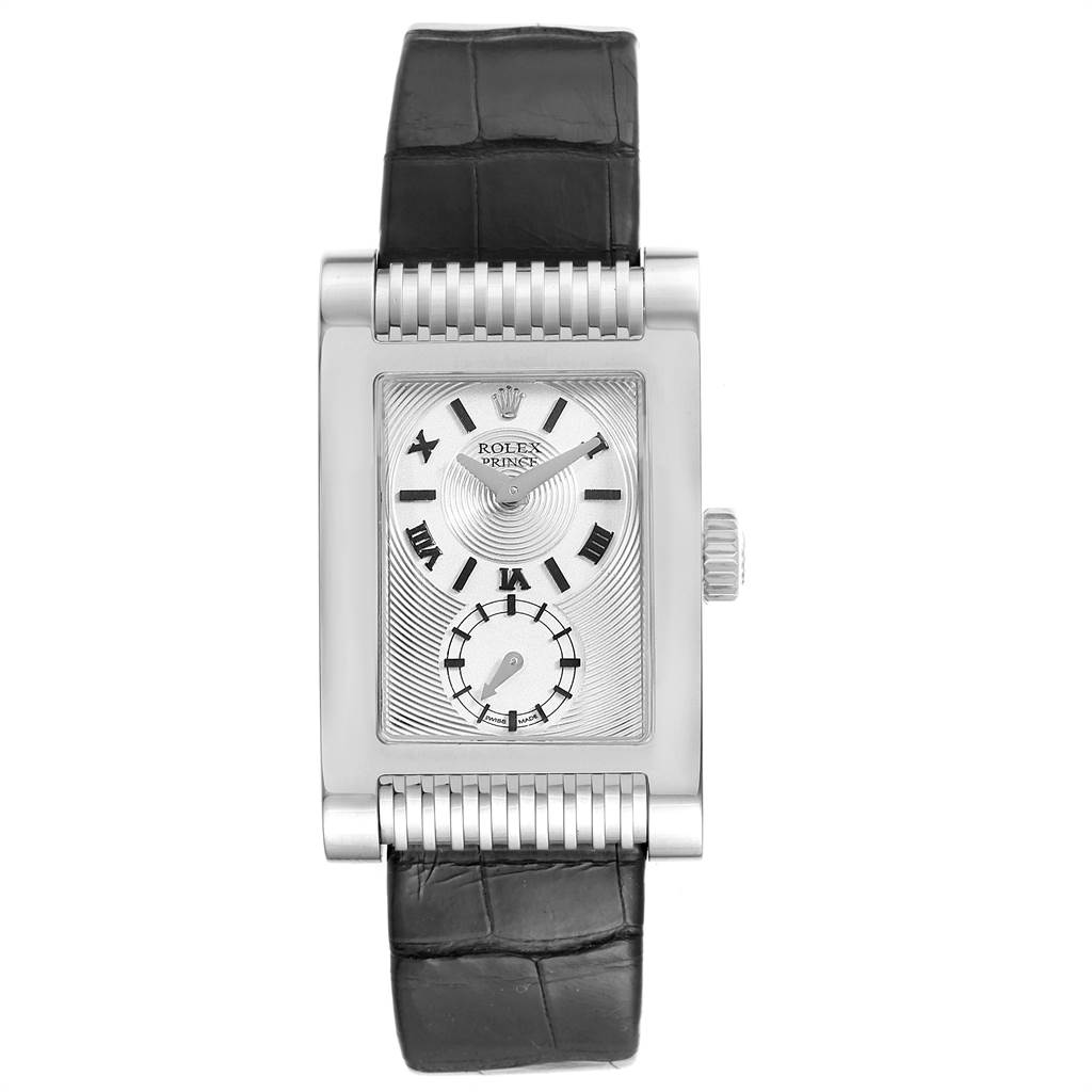 This image shows a front view of a Rolex Cellini 5441 Men's White Gold Silver Dial 5441 Men's White Gold Silver Dial Prince model, displaying the face, crown, and leather strap.