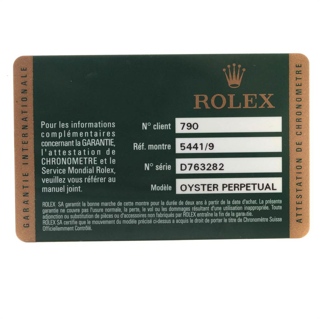 This image shows a warranty card for a Rolex Cellini 5441 Men's White Gold Silver Dial 5441 Men's White Gold Silver Dial, including the model number, serial number, and other warranty information.