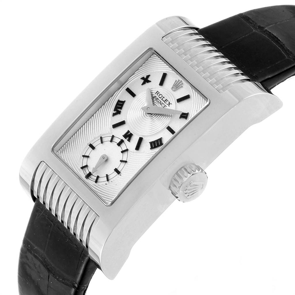 The image shows a side view of the Rolex Cellini 5441 Men's White Gold Silver Dial 5441 Men's White Gold Silver Dial watch, highlighting the case, dial, crown, and part of the leather strap.