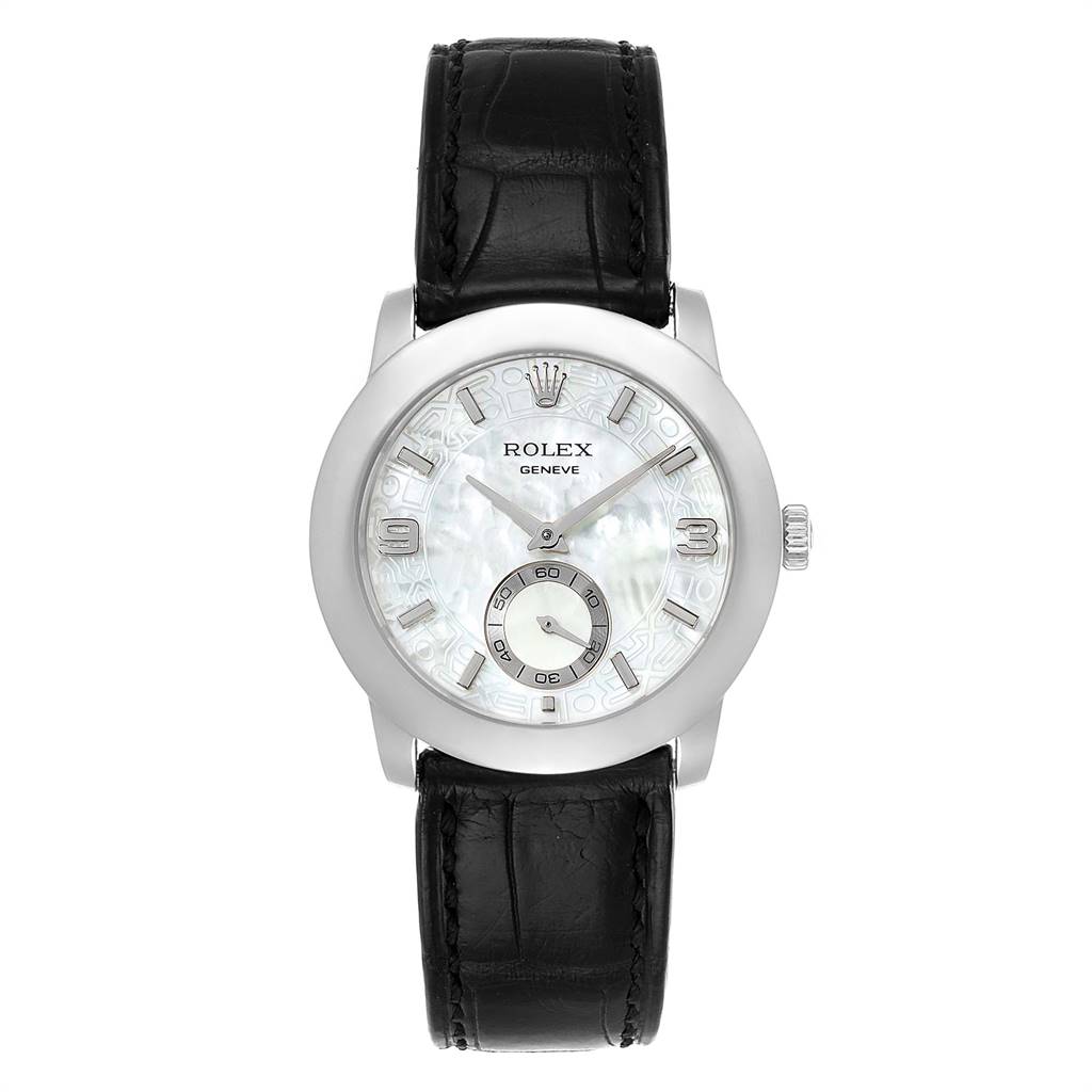 The image shows a front view of the Rolex Cellini 5240 Men's Platinum Mother of Pearl Dial 5240 Men's Platinum Mother of Pearl Dial watch with its black leather strap and detailed dial.
