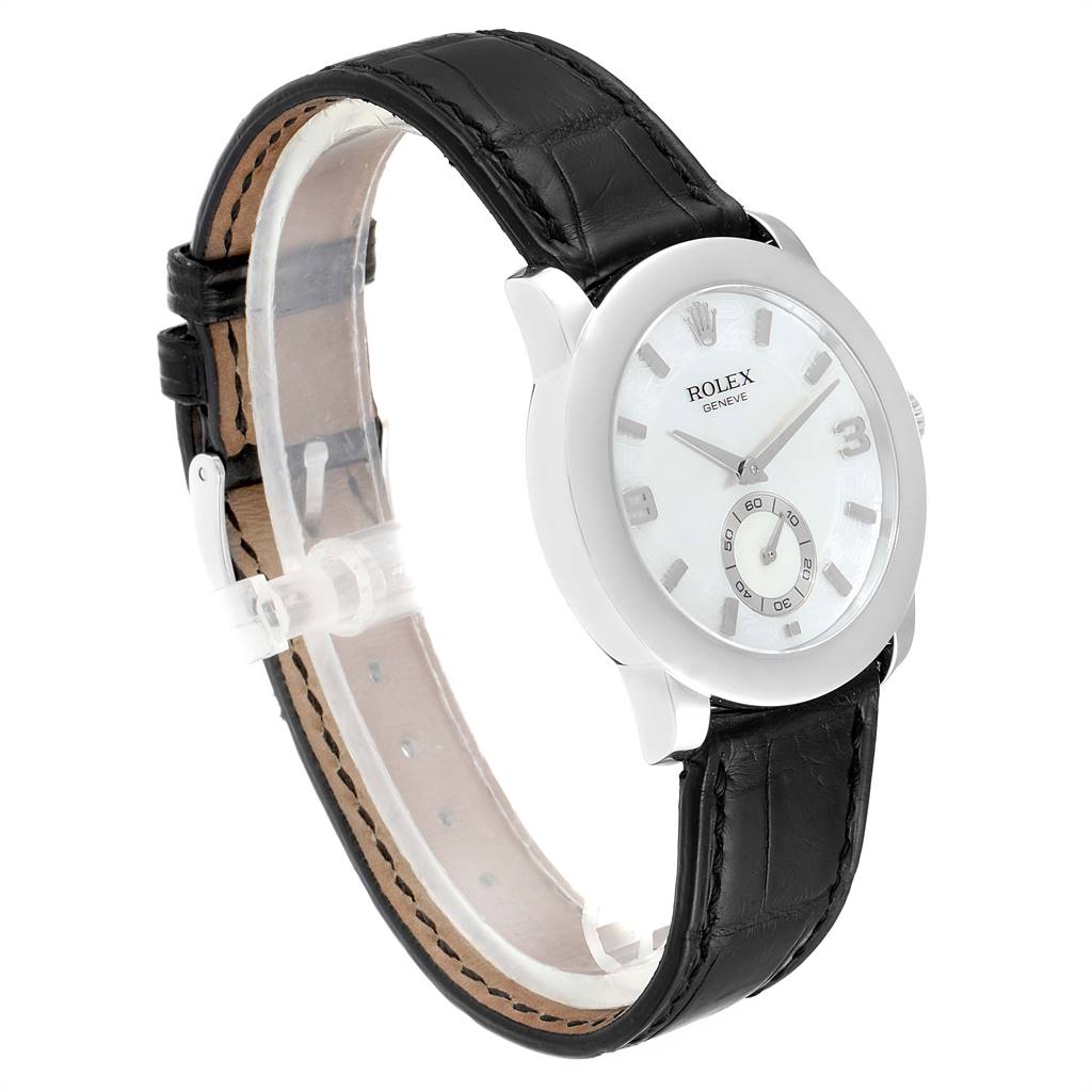 The image shows a Rolex Cellini 5240 Men's Platinum Mother of Pearl Dial 5240 Men's Platinum Mother of Pearl Dial watch at an angle depicting its face, strap, and side profile.