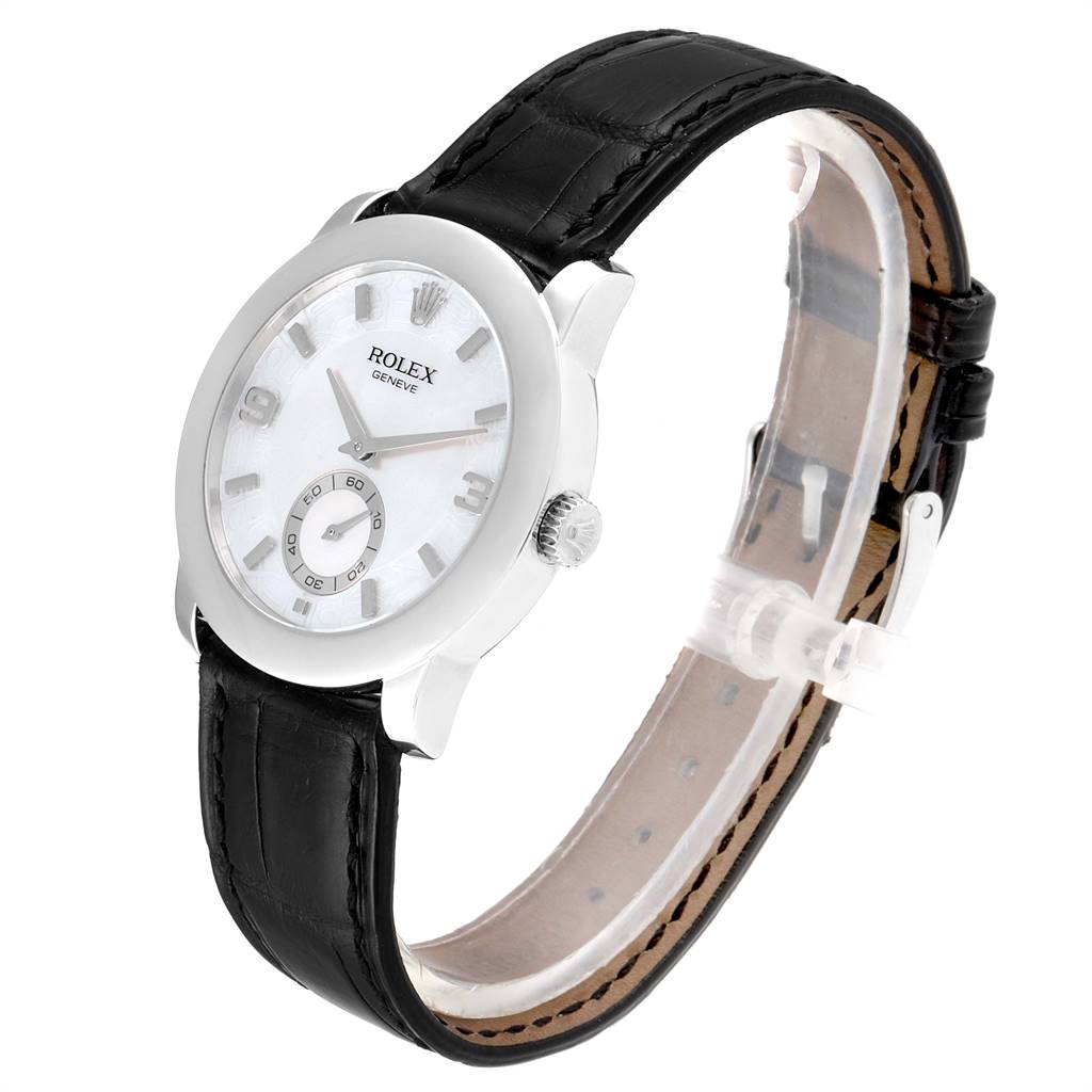 This image shows the Rolex Cellini 5240 Men's Platinum Mother of Pearl Dial 5240 Men's Platinum Mother of Pearl Dial watch at a three-quarter angle, highlighting the face, dial, and leather strap.