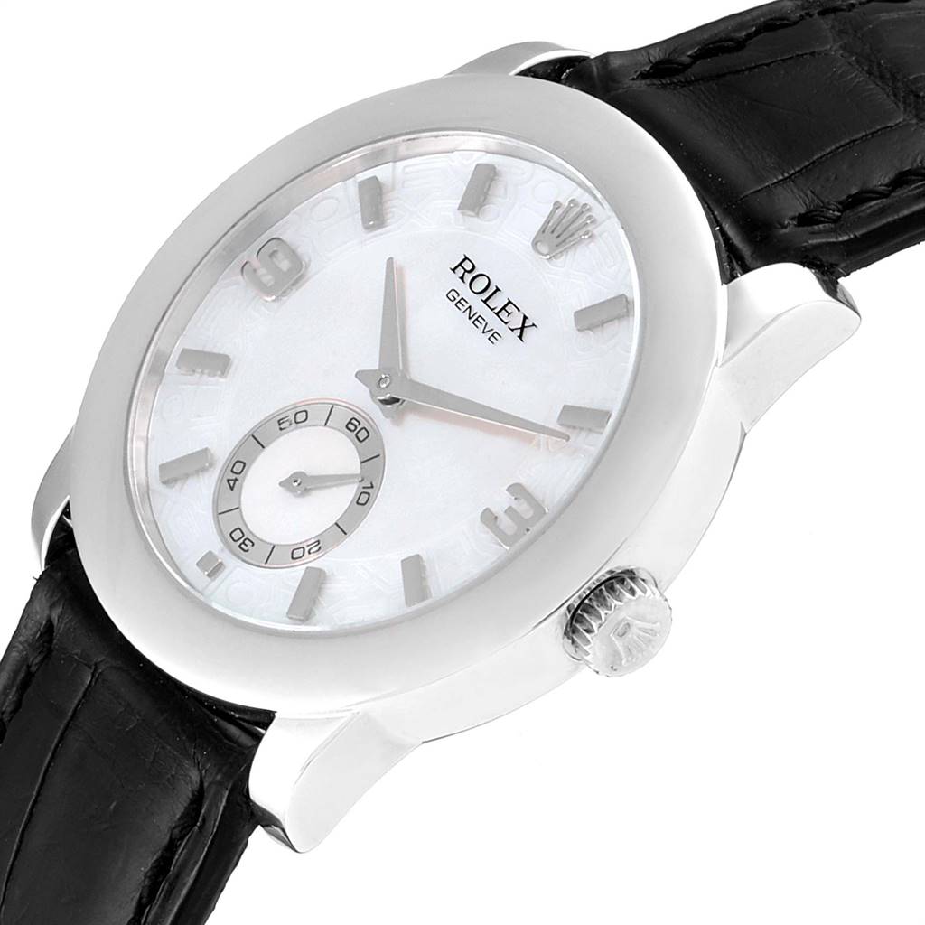 The image shows a Rolex Cellini 5240 Men's Platinum Mother of Pearl Dial 5240 Men's Platinum Mother of Pearl Dial watch at an angled view highlighting the dial, crown, and black leather strap.