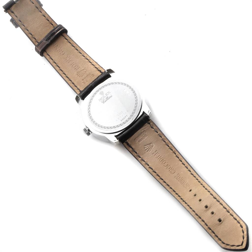 This image shows the back case and leather strap of a Rolex Cellini 5240 Men's Platinum Mother of Pearl Dial 5240 Men's Platinum Mother of Pearl Dial model watch from a top-down angle.