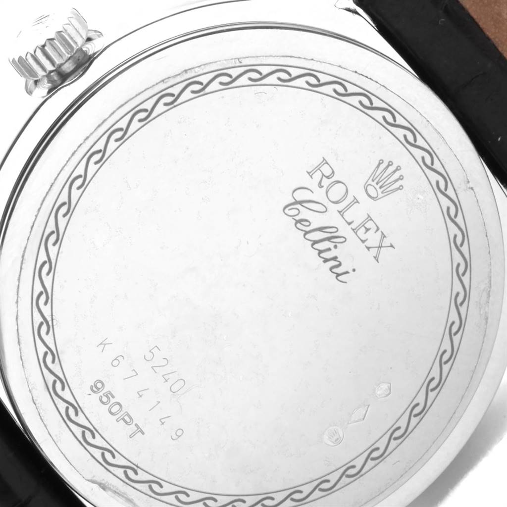 This image shows the back case and crown of a Rolex Cellini 5240 Men's Platinum Mother of Pearl Dial 5240 Men's Platinum Mother of Pearl Dial watch from a close-up angle.
