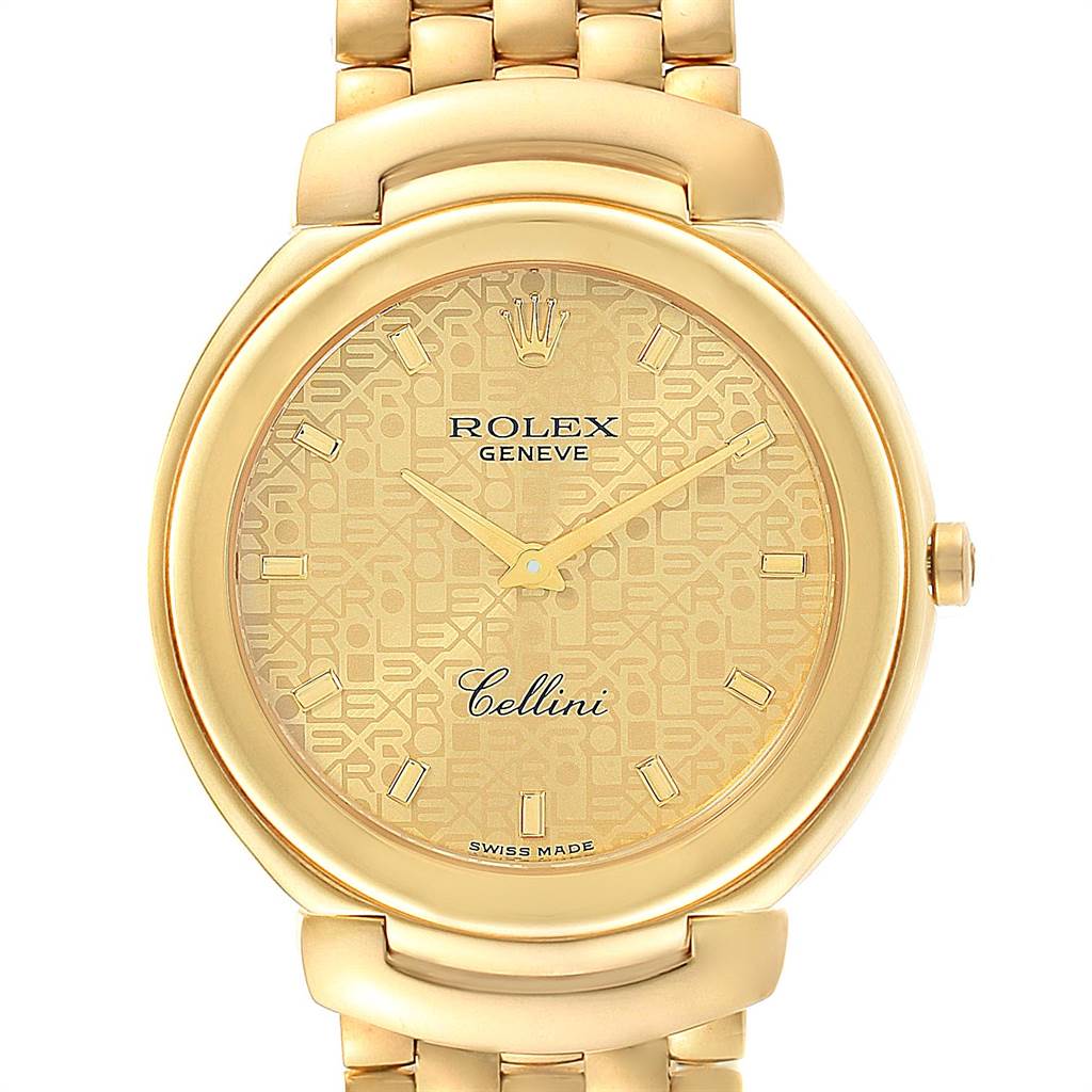 The image shows a frontal view of a Rolex Cellini 6623 Men
s Yellow Gold Champagne Dial 6623 Men
s Yellow Gold Champagne Dial watch, highlighting its face, bezel, crown, and a portion of its bracelet.