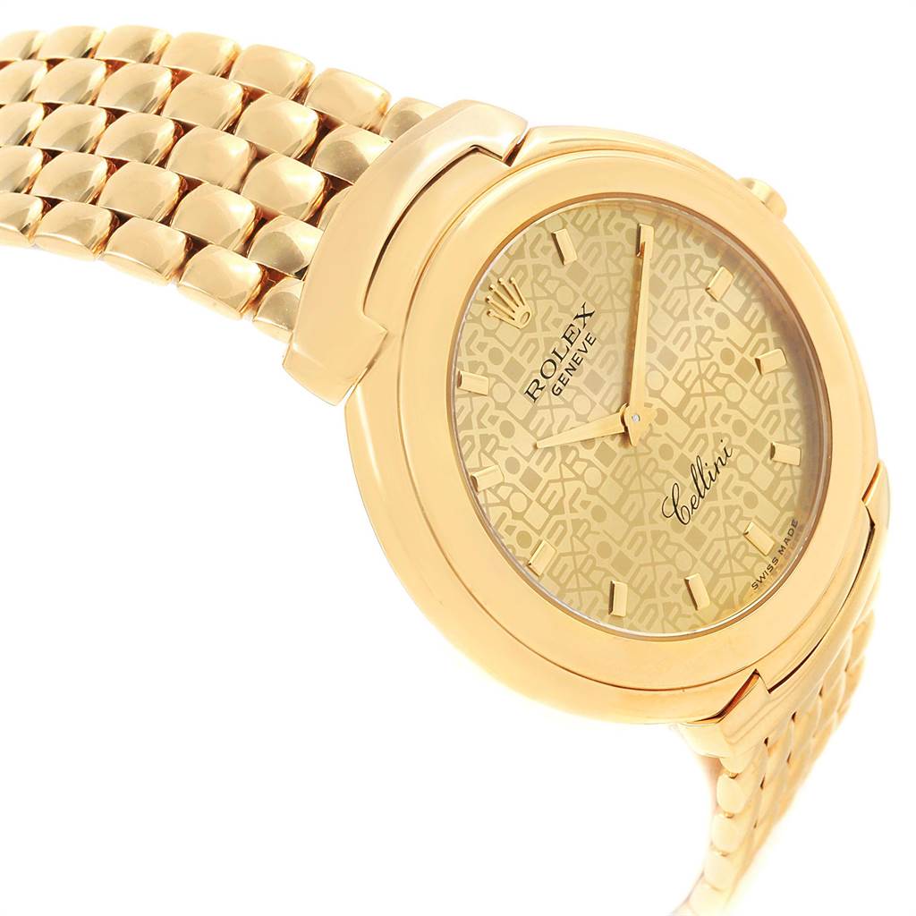 The image shows a close-up of the Rolex Cellini 6623 Men
s Yellow Gold Champagne Dial 6623 Men
s Yellow Gold Champagne Dial watch with a gold bracelet and detailed dial facing slightly upwards.