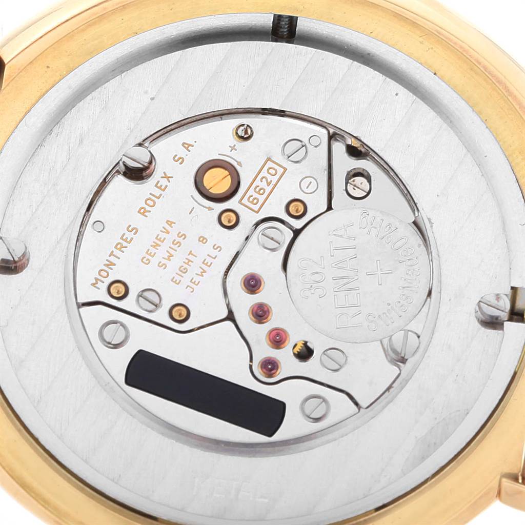 The image shows the movement and internal mechanics of a Rolex Cellini 6623 Men
s Yellow Gold Champagne Dial 6623 Men
s Yellow Gold Champagne Dial model watch, captured from the back.