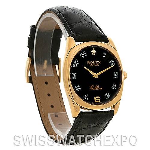 This angle shows the full face, bezel, and strap of the Rolex Cellini 4233 Yellow Gold Black Dial 4233 Yellow Gold Black Dial watch.