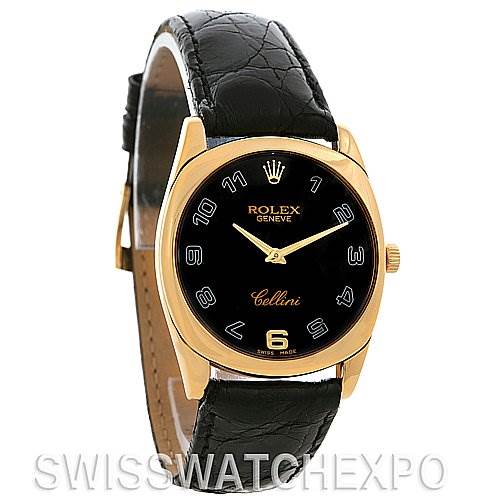 This image shows a frontal view of a Rolex Cellini 4233 Yellow Gold Black Dial 4233 Yellow Gold Black Dial watch, highlighting its black dial, gold case, and black leather strap.