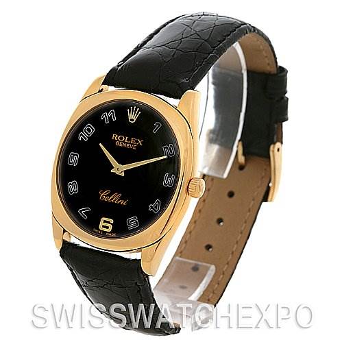 This Rolex Cellini 4233 Yellow Gold Black Dial 4233 Yellow Gold Black Dial watch is shown from an angled front view, displaying the black dial, gold case, and black leather strap.