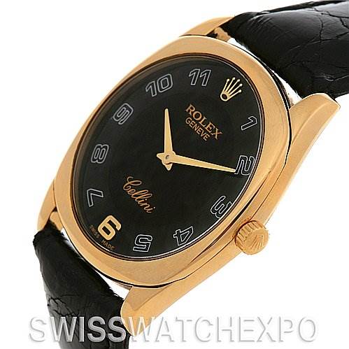 This image shows the face and side of a Rolex Cellini 4233 Yellow Gold Black Dial 4233 Yellow Gold Black Dial watch, including the crown, bezel, dial, and part of the leather strap.