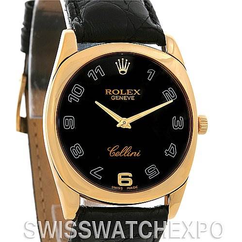 The image shows a front view of a Rolex Cellini 4233 Yellow Gold Black Dial 4233 Yellow Gold Black Dial watch, highlighting the black dial, gold case, and black leather strap.