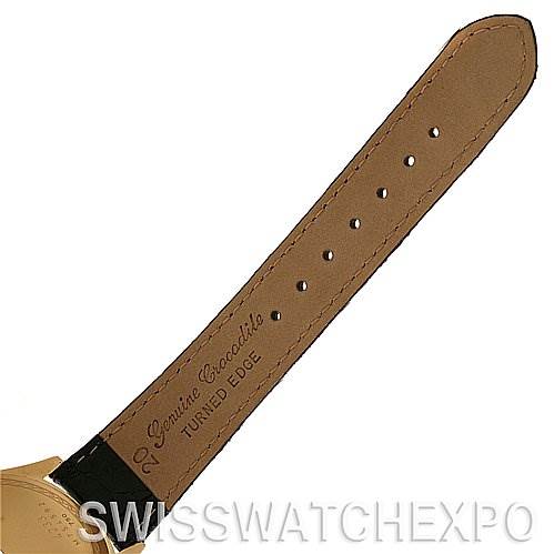 The image shows the leather strap of a Rolex Cellini 4233 Yellow Gold Black Dial 4233 Yellow Gold Black Dial watch, focusing on the inner side and the buckle area.