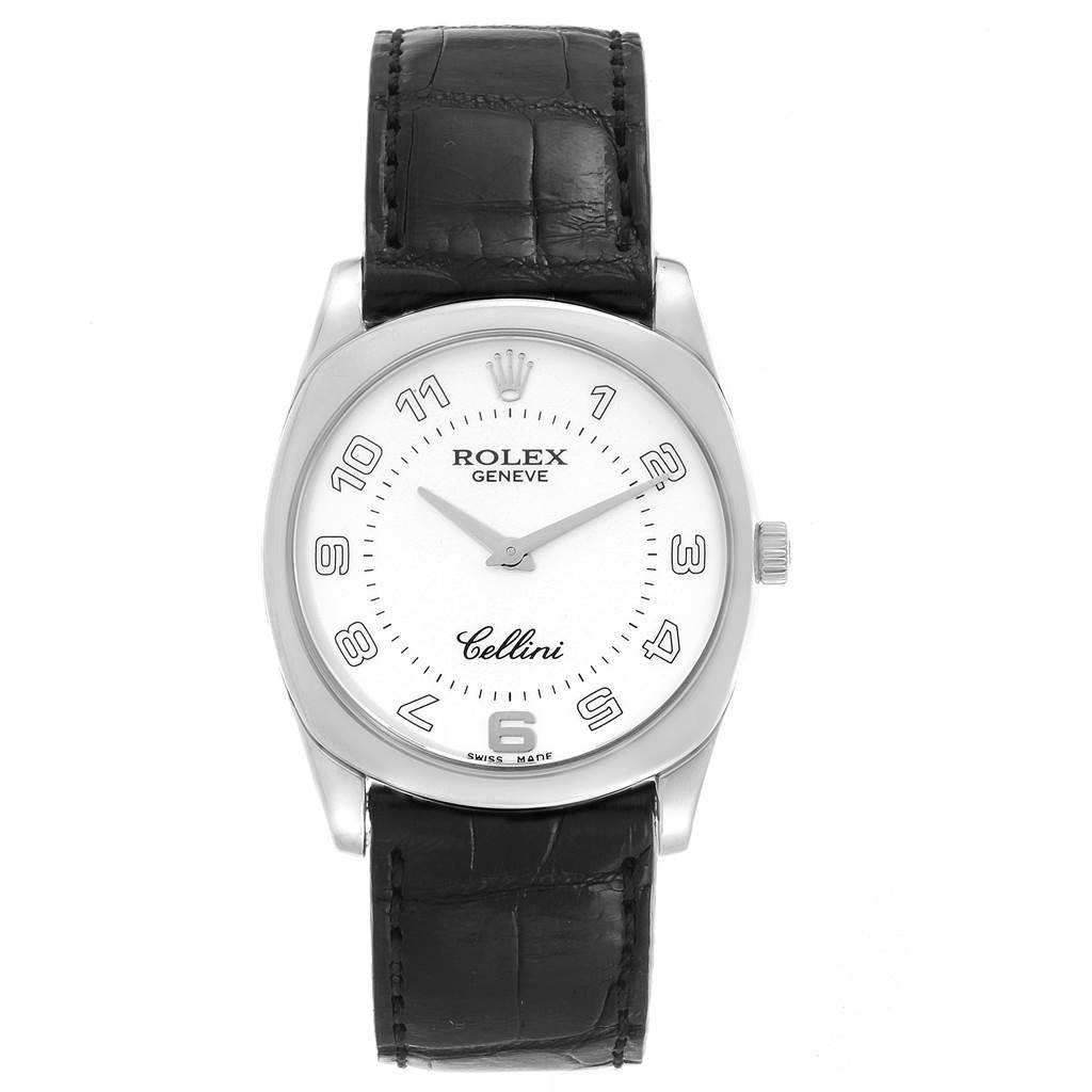 The image shows a front view of a Rolex Cellini 4233 Men
s White Gold White Dial 4233 Men
s White Gold White Dial watch, highlighting its white dial, black leather strap, and silver hands.