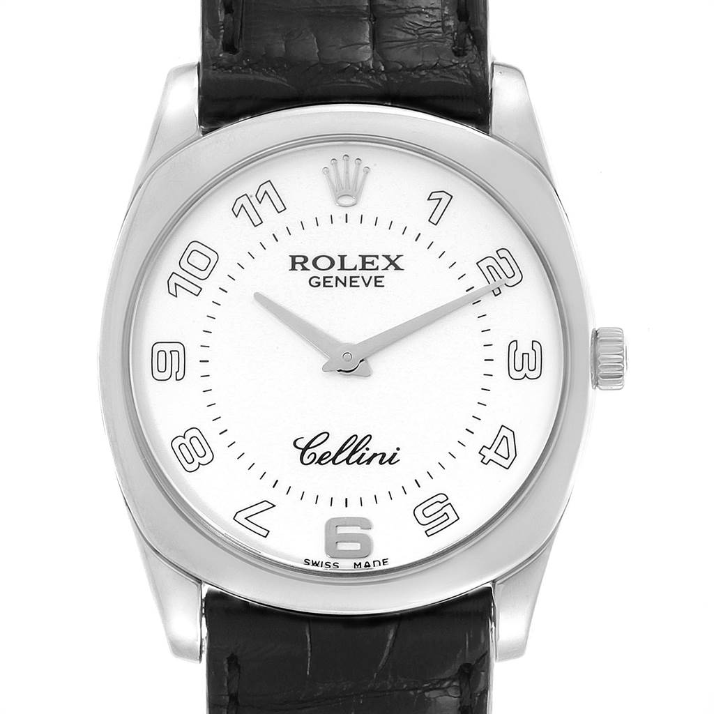 The image shows a front view of a Rolex Cellini 4233 Men
s White Gold White Dial 4233 Men
s White Gold White Dial watch face with a black leather strap.