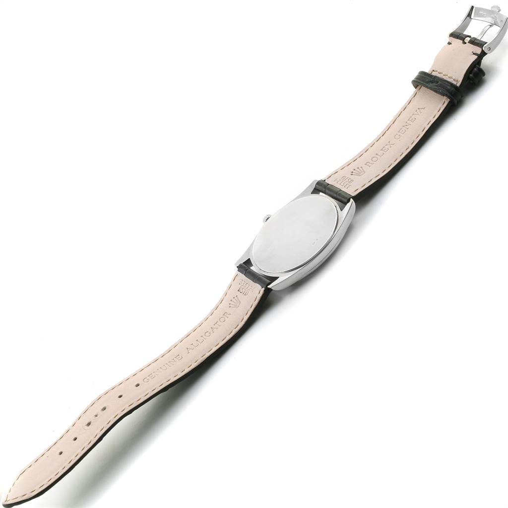 The image shows the back and strap of the Rolex Cellini 4233 Men
s White Gold White Dial 4233 Men
s White Gold White Dial watch, highlighting the case and alligator leather straps.