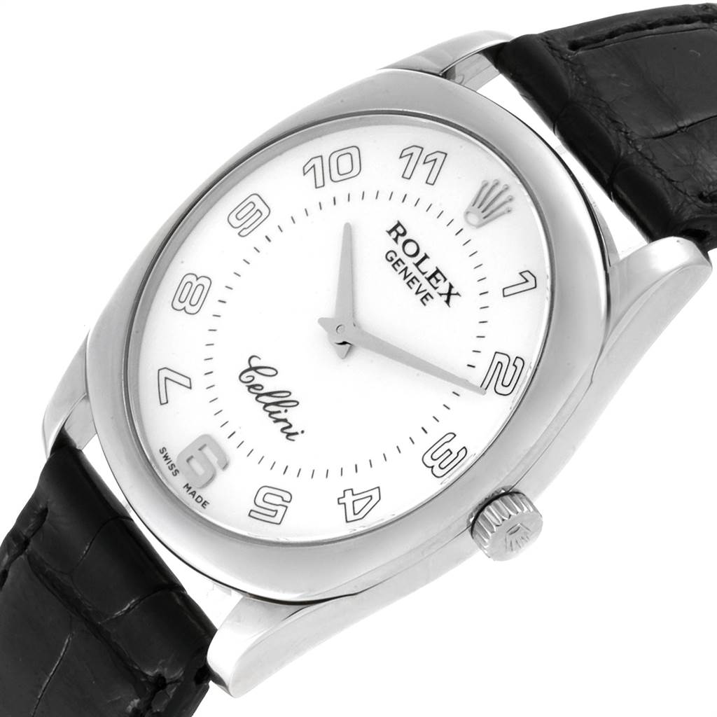 The image shows a close-up, angled view of the Rolex Cellini 4233 Men
s White Gold White Dial 4233 Men
s White Gold White Dial watch face, case, crown, and part of the leather strap.