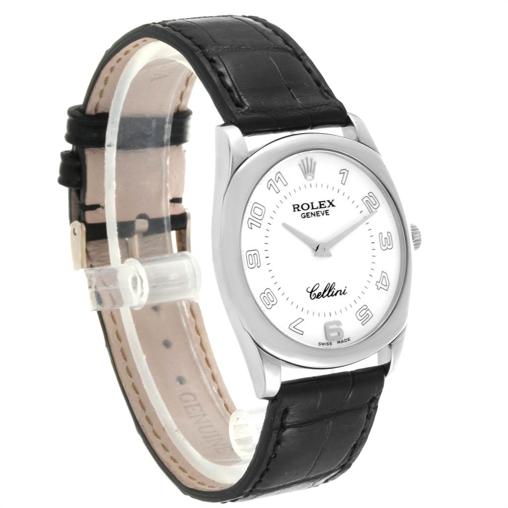 The Rolex Cellini 4233 Men
s White Gold White Dial 4233 Men
s White Gold White Dial watch is shown at a slight side angle, featuring the watch face, case, and black leather strap.