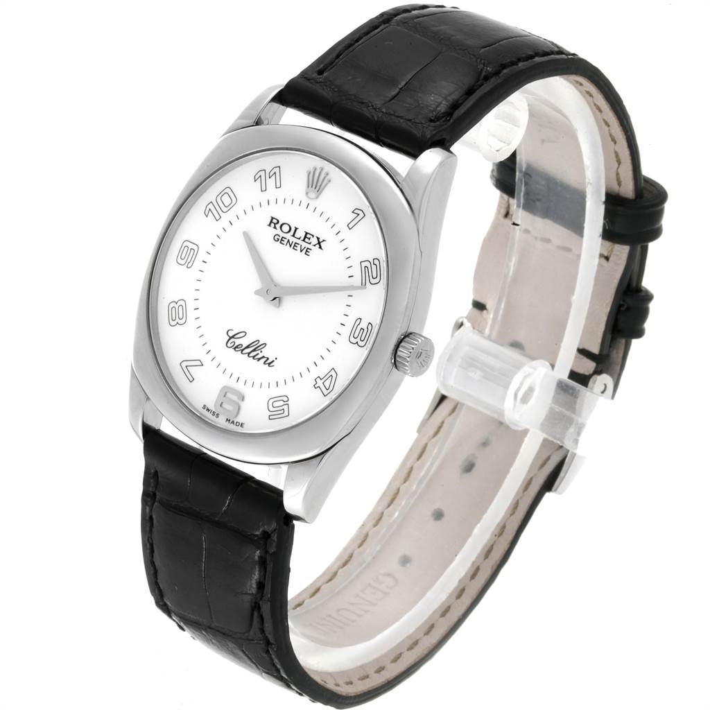 The image shows a Rolex Cellini 4233 Men
s White Gold White Dial 4233 Men
s White Gold White Dial watch at a three-quarter angle, highlighting its face, bezel, crown, and black leather strap.