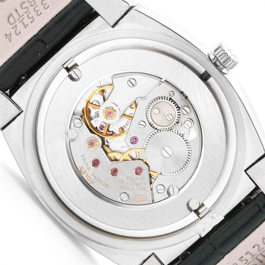 The image shows the back view of a Rolex Cellini 5330 Men
s White Gold White Dial 5330 Men
s White Gold White Dial watch, highlighting its internal mechanical movement.